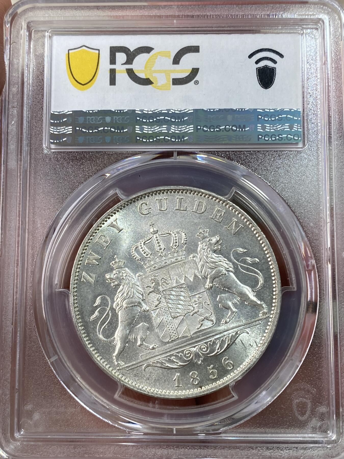 万国钱币拍卖第051期 PCGS MS62 1856年德国巴伐利亚双狮护盾2古尔登银币 银霜转光极美潜力品种