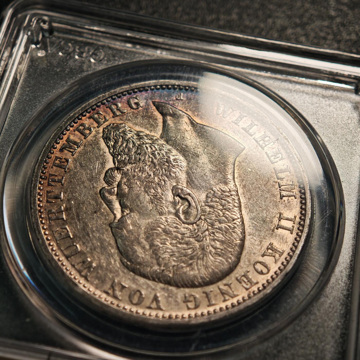 【德藏】世界币章拍卖第142期（拍品征集中~欢迎藏友联系） 1908年 德国符腾堡威廉二世5马克大银币 公博 MS61 淡黄油包浆 局部彩包浆