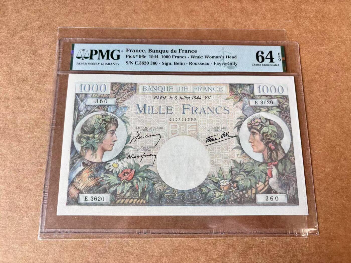【Blue Auction】世界纸币精拍第711期——18级TOP拍卖/信誉/品质/专业/高效💫 【无47】法国 1944年1000法郎 PMG64EPQ 大票幅 墨丘利 