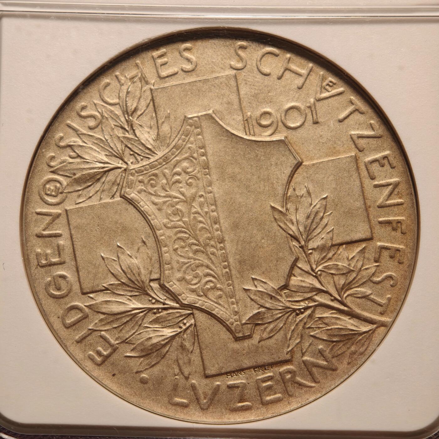 【德藏】世界币章拍卖第142期（拍品征集中~欢迎藏友联系） 1901年 瑞士卢塞恩射击节大银章 NGC MS64 淡黄油包浆 磨砂质感
