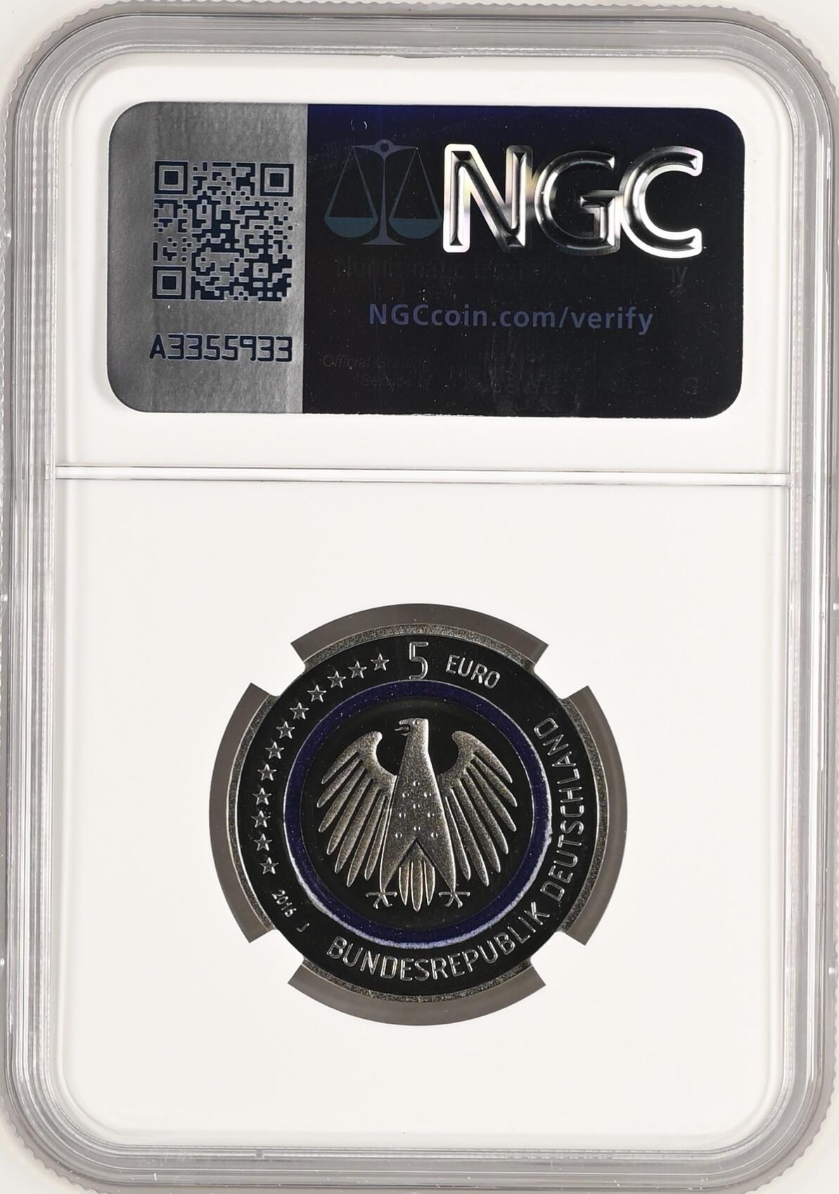 S&S Numismatic世界钱币-拍卖 第113期  获奖币*德国2016年 蓝色地球 5欧元镶嵌聚合物精制纪念币 J版 NGC PF69UC 裸币送评无包装