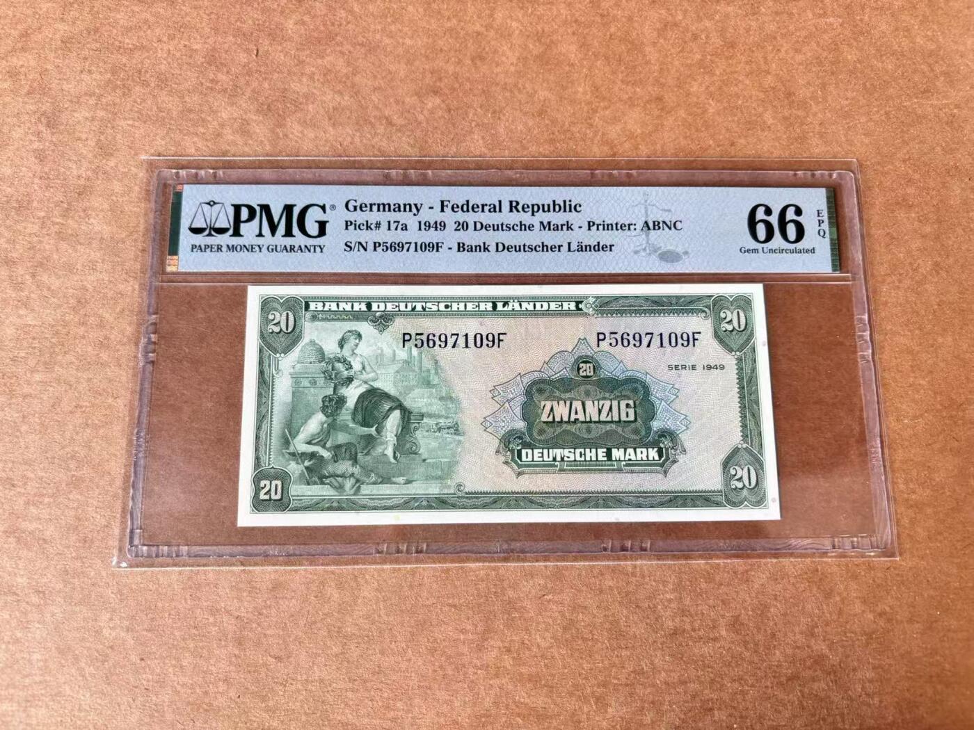 【Blue Auction】世界纸币精拍第711期——18级TOP拍卖/信誉/品质/专业/高效💫 【p17a】德国 1949年20马克 黑字版 PMG66EPQ 
