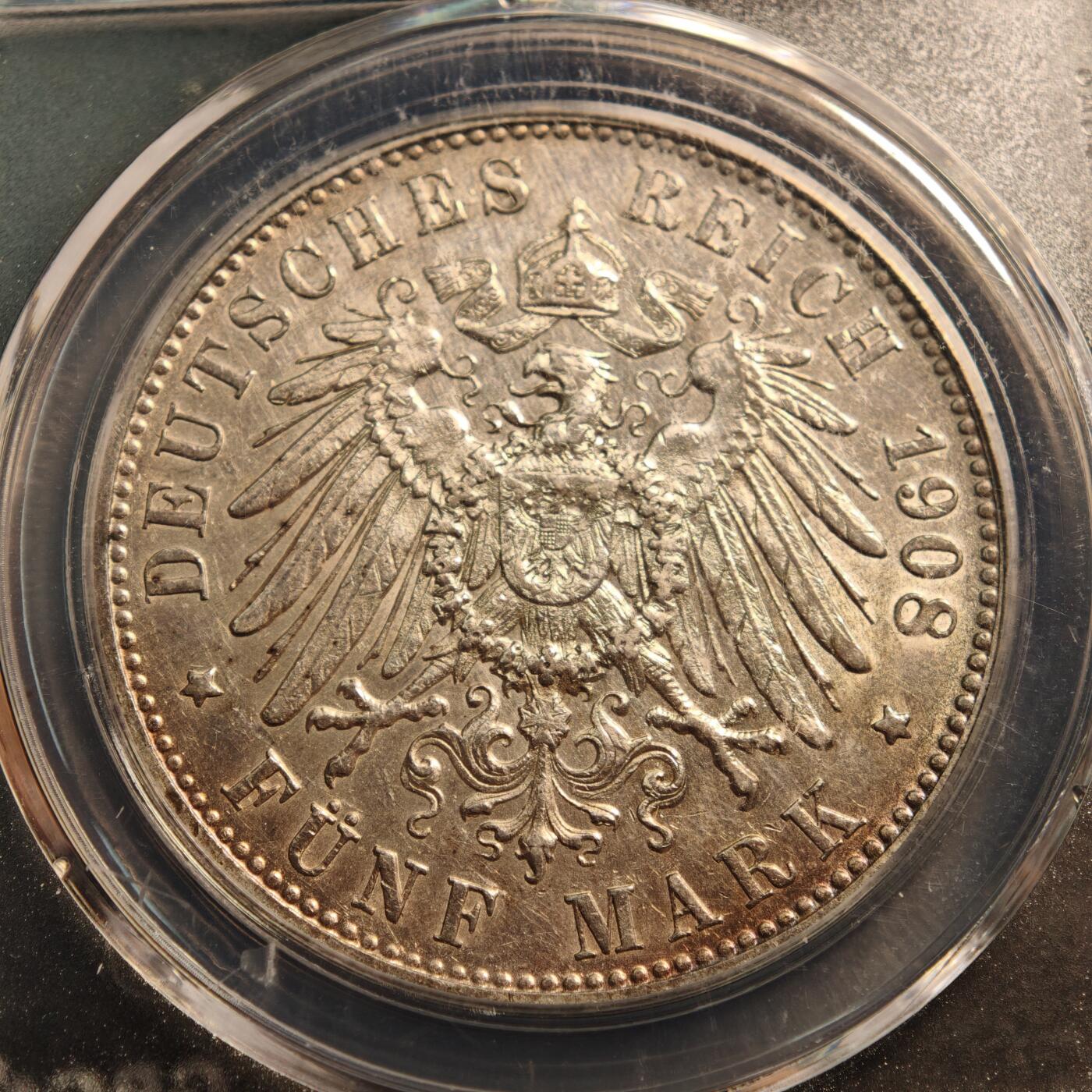 【德藏】世界币章拍卖第142期（拍品征集中~欢迎藏友联系） 1908年 德国符腾堡威廉二世5马克大银币 公博 MS61 淡黄油包浆 局部彩包浆