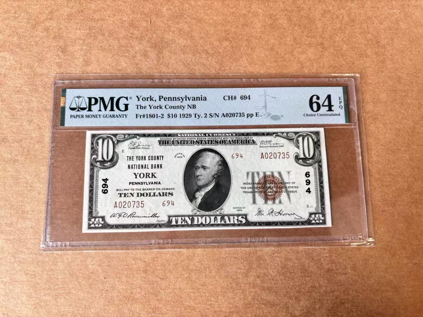 【Blue Auction】世界纸币精拍第711期——18级TOP拍卖/信誉/品质/专业/高效💫 美国 宾夕法尼亚州 1929年10美金 PMG64EPQ 