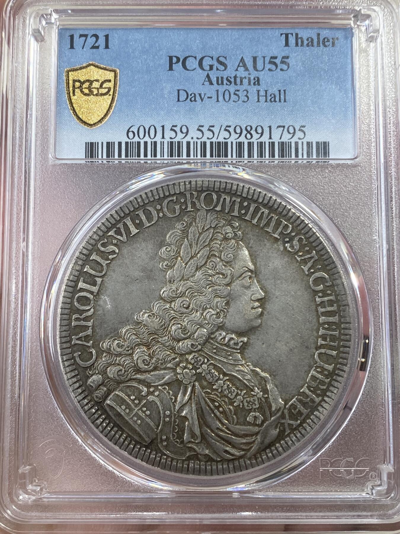 万国钱币拍卖第051期 PCGS AU55 1721年神圣罗马帝国查理七世双头鹰泰勒 原味欧陆包浆 全深打头发衣饰细节极佳 难得品相