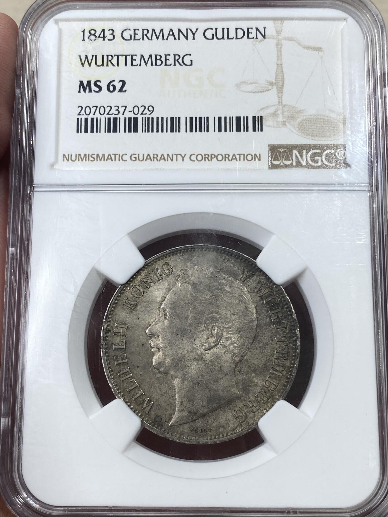 万国钱币拍卖第051期 NGC MS62 1843年德国符腾堡威廉一世1古尔登银币 原味淡彩状态