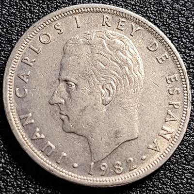 泉币菌-第90场-散币乐园场 西班牙1975年 5比塞塔镍币 卡洛斯一世 23mm  西班牙国徽