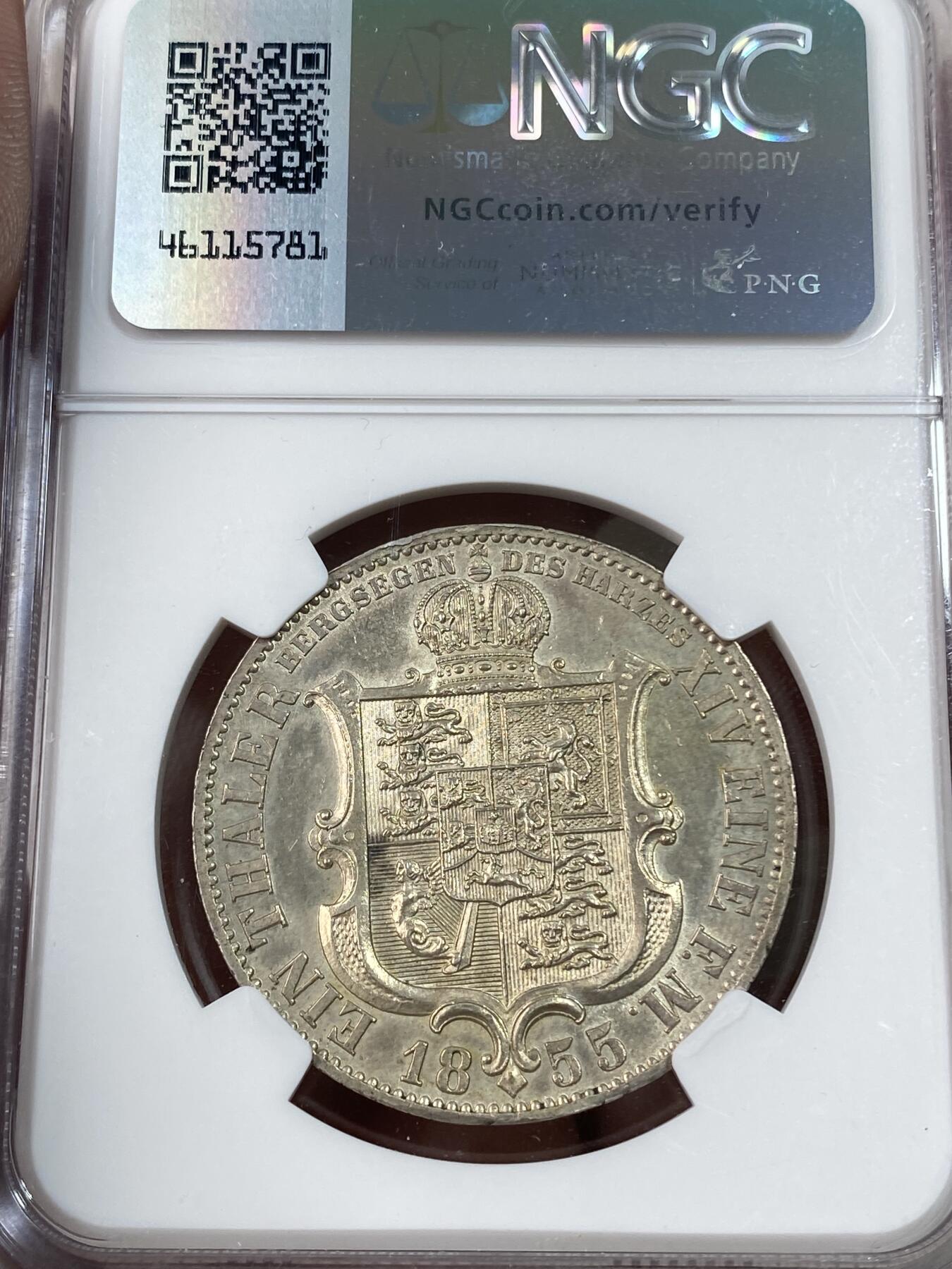 万国钱币拍卖第051期 NGC MS62 1855年德国汉诺威矿业祈祷流通1泰勒 英式盾徽为哈慈矿业祈祷 相较狮马罕见很多