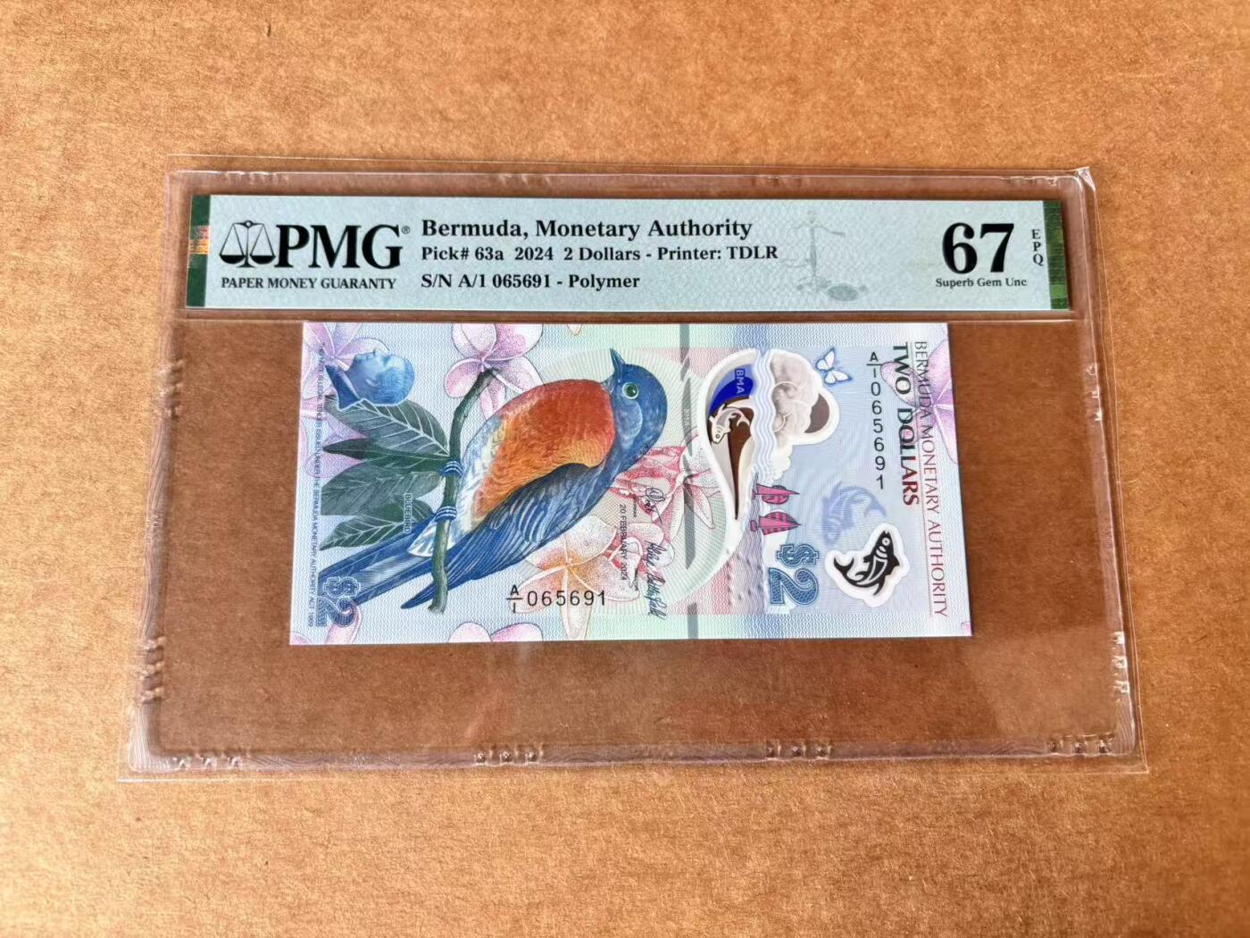 【Blue Auction】世界纸币精拍第711期——18级TOP拍卖/信誉/品质/专业/高效💫 【A/1首发冠 无47】百慕大 2024年2元 蓝鸟 PMG67EPQ 高分