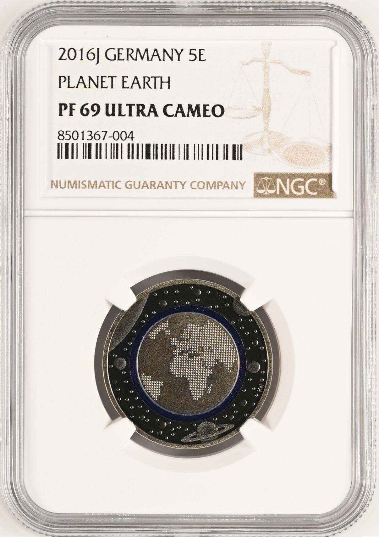 S&S Numismatic世界钱币-拍卖 第113期  获奖币*德国2016年 蓝色地球 5欧元镶嵌聚合物精制纪念币 J版 NGC PF69UC 裸币送评无包装