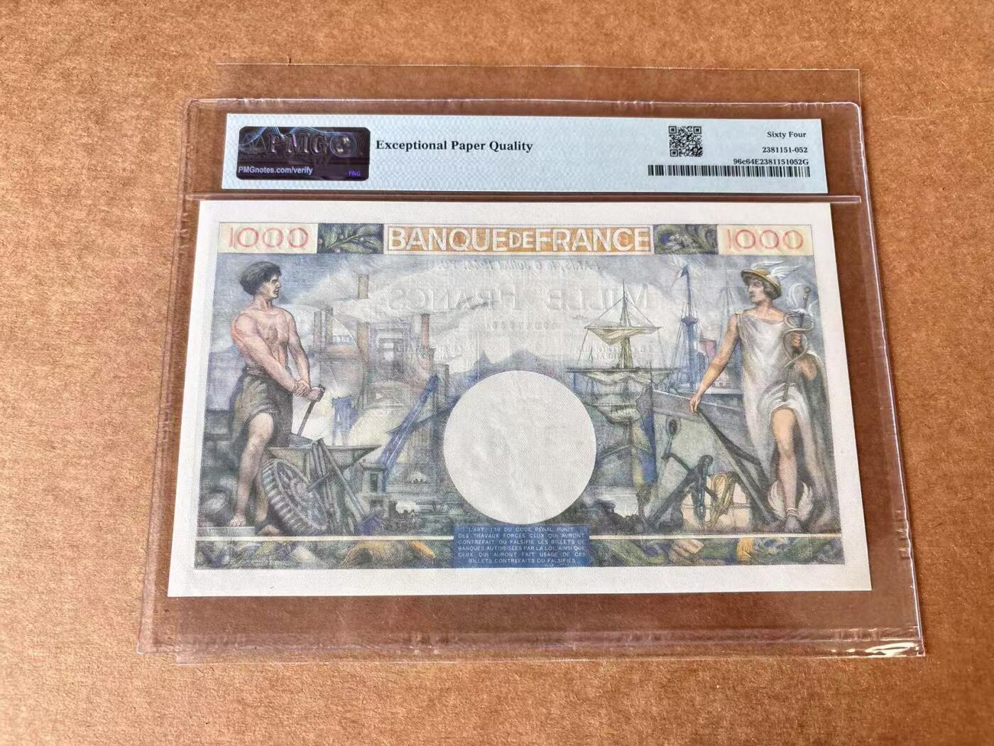 【Blue Auction】世界纸币精拍第711期——18级TOP拍卖/信誉/品质/专业/高效💫 【无47】法国 1944年1000法郎 PMG64EPQ 大票幅 墨丘利 