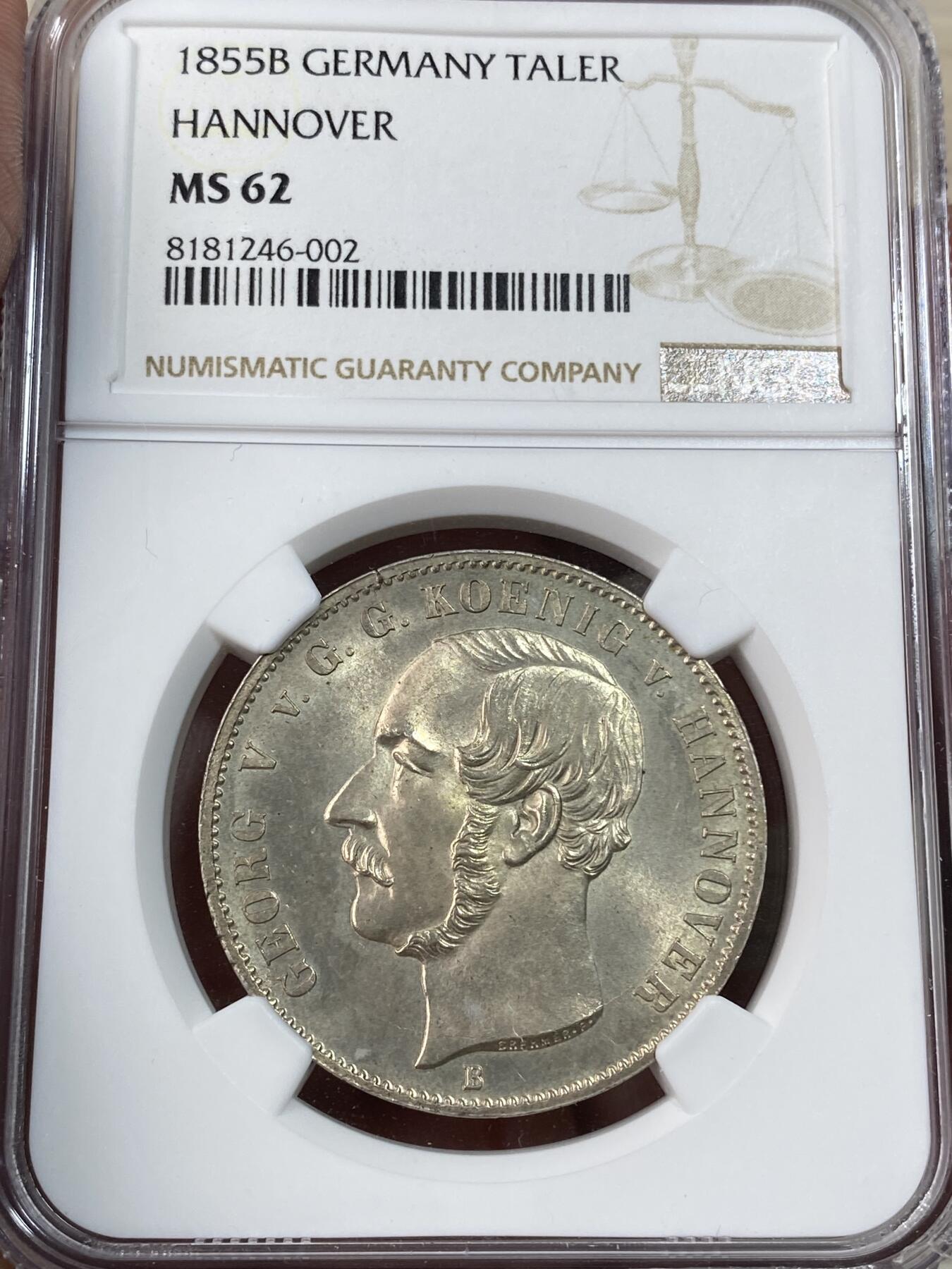 万国钱币拍卖第051期 NGC MS62 1855年德国汉诺威矿业祈祷流通1泰勒 英式盾徽为哈慈矿业祈祷 相较狮马罕见很多