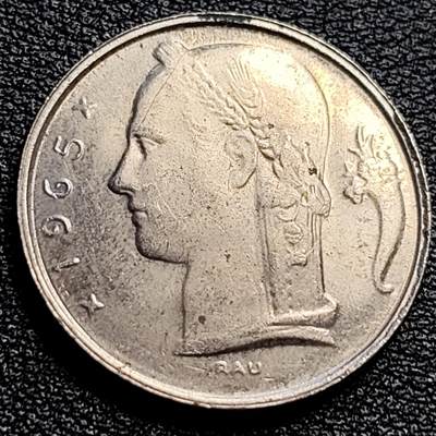 泉币菌-第90场-散币乐园场 少见原光UNC 比利时1965年5法郎铜镍币（佛兰芒文版BELGIË），谷物女神，24mm