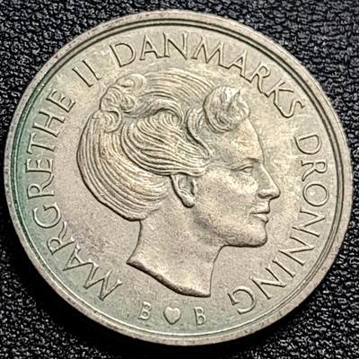 泉币菌-第90场-散币乐园场 带光美品 丹麦1980年1克朗 皇冠 玛格丽特二世女王 BB版 铜镍币 25.5mm
