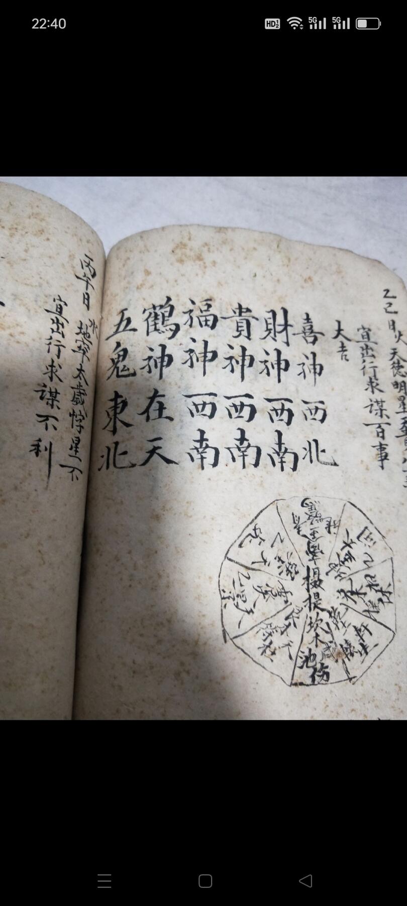 《宝镜图》光绪九年手抄本，凤水古籍。六吉，六凶，六冲，喜神，财神，贵神，福神，鹤神，五鬼方位，安门咒，谢土日，鬼哭日，二十八宿吉凶，按日值时吉凶，大婚不对，行嫁利日，嫁娶忌相人，入殓出灵忌四相人，杨公忌日……。包老！