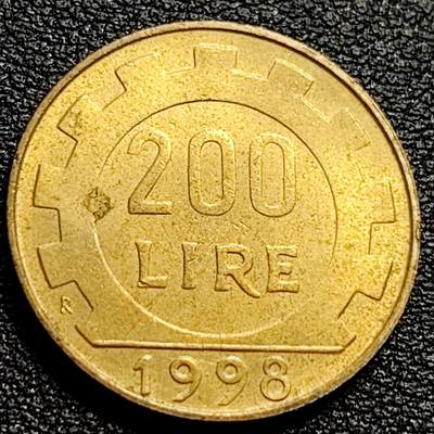 泉币菌-第90场-散币乐园场 - 铜光美品 意大利1998年200里拉 丰收女神 齿轮 铝青铜币 外国硬币 24mm 