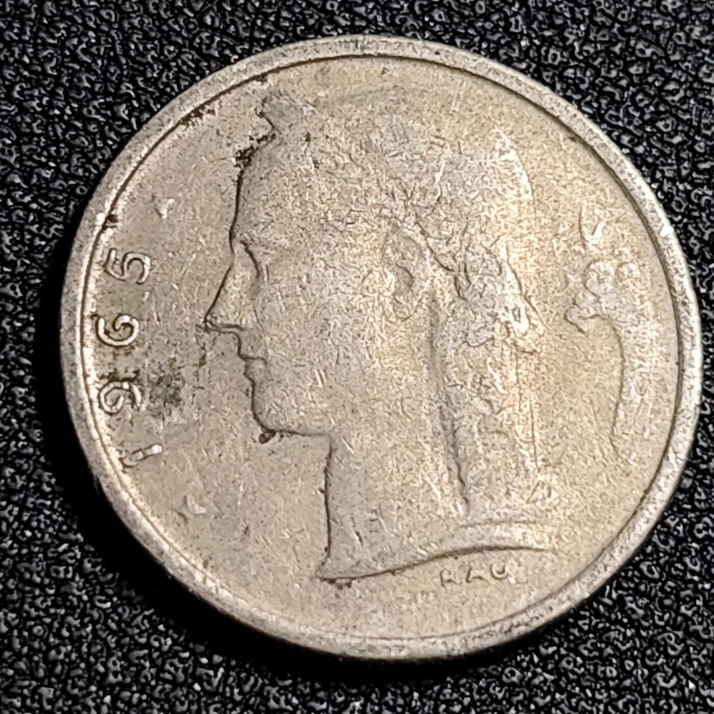 泉币菌-第87场-散币乐园场 比利时1965年1法郎铜镍币（佛兰芒文版BELGIË），谷物女神
