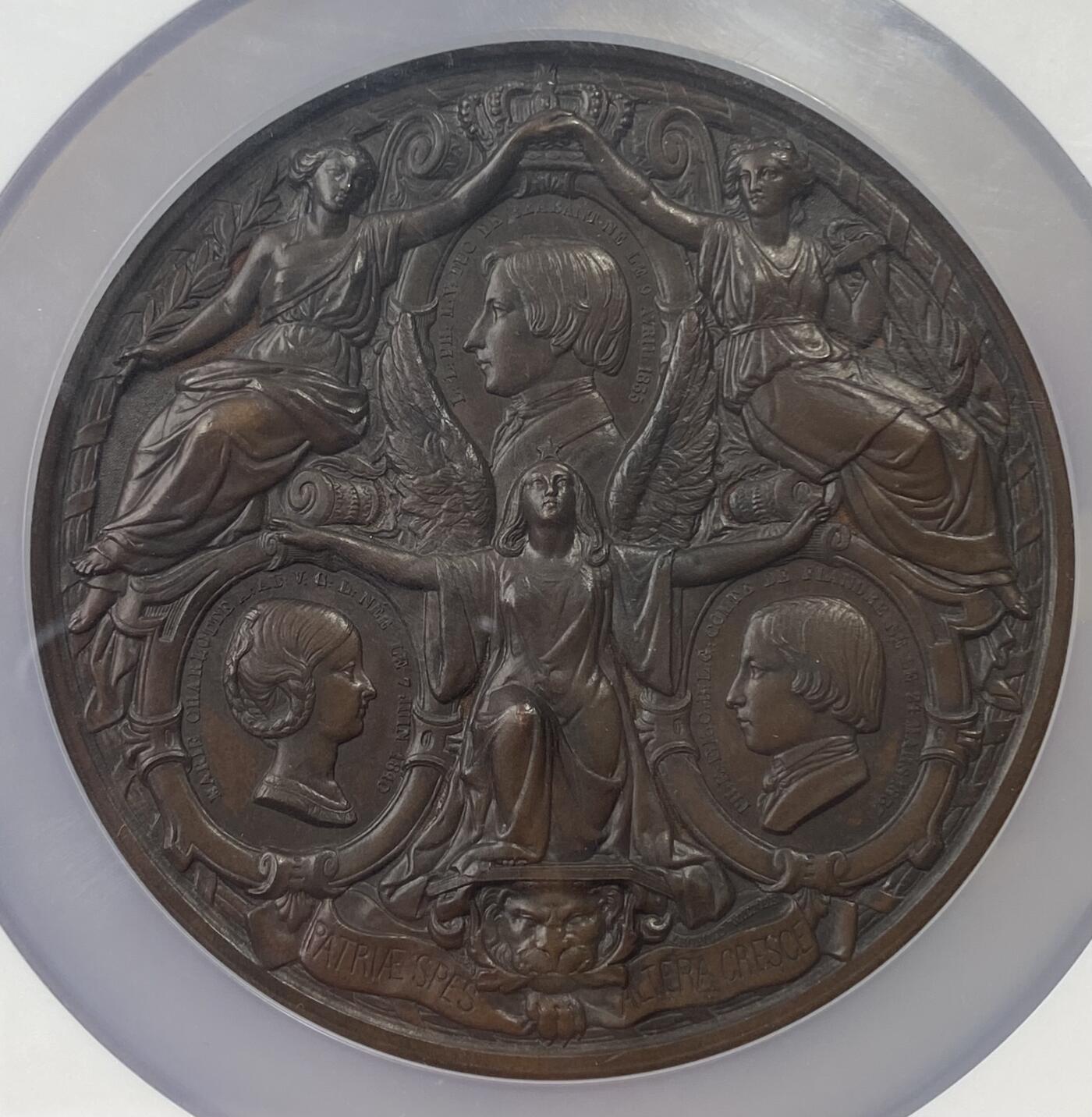 万国钱币拍卖第051期 NGC MS63 1850年比利时利奥波德一世纪念王后路易丝·奥尔良逝世大铜章 80MM 189.51G 高浮雕王后侧相与背面三位皇子