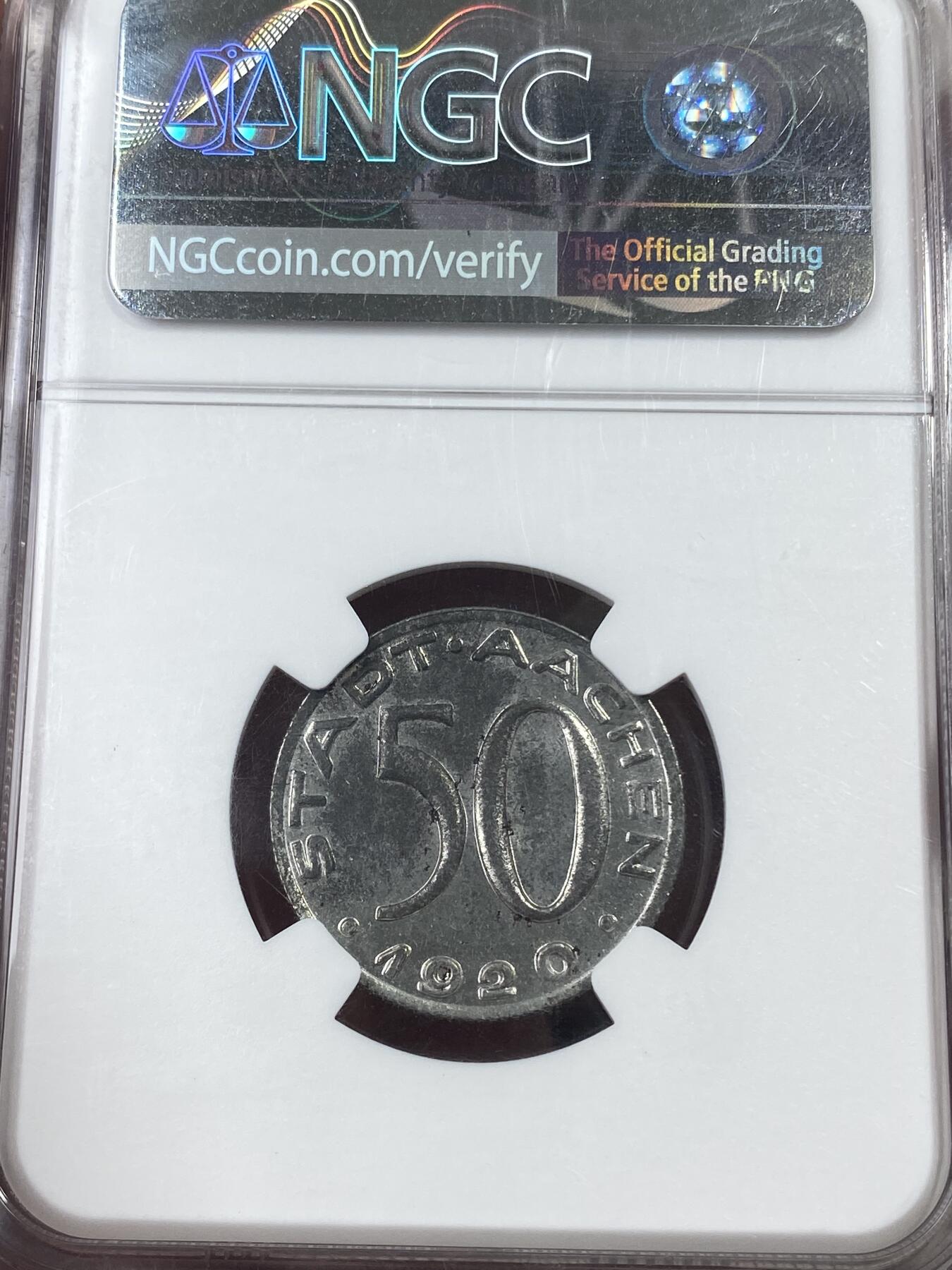 万国钱币拍卖第051期 NGC MS63 1920德国亚琛老鹰50芬尼铁币 霸气的设计令人过目难忘 铁币保存不易 原味好品难得