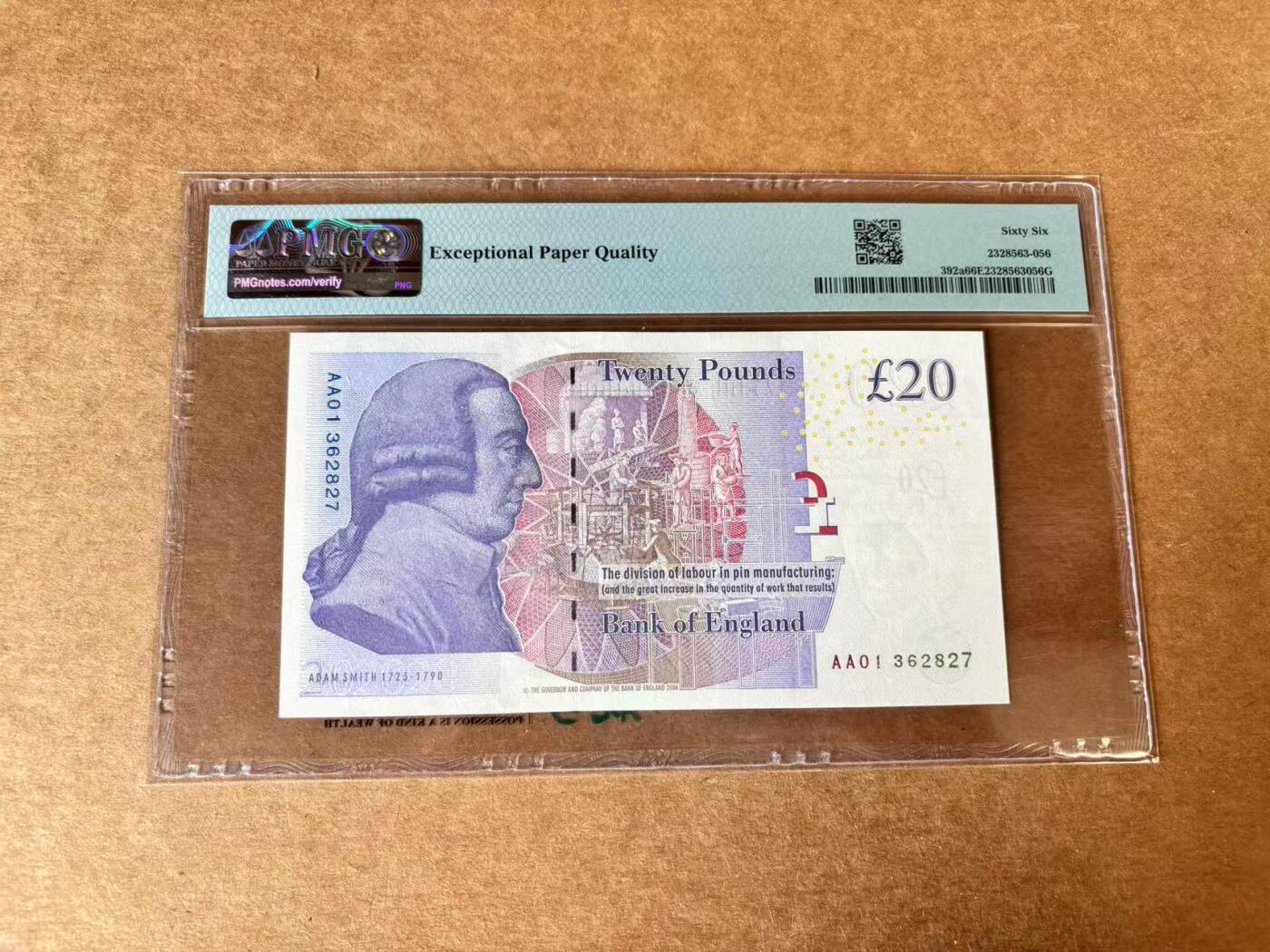 【Blue Auction】世界纸币精拍第711期——18级TOP拍卖/信誉/品质/专业/高效💫 【AA01首发冠】英国 2006年20镑 PMG66EPQ 