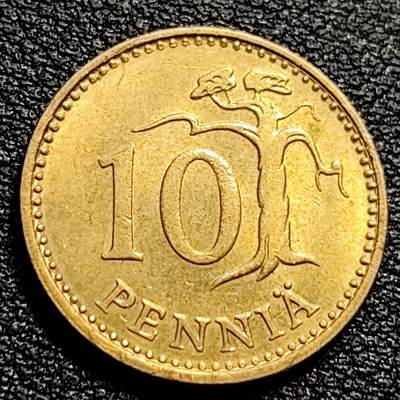 泉币菌-第90场-散币乐园场 原铜光极美 1987年 芬兰10芬尼铜币 持剑狮子