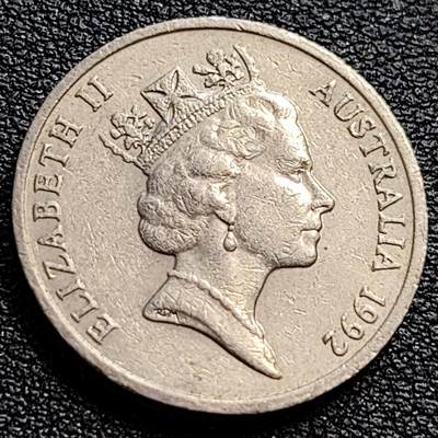 泉币菌-第90场-散币乐园场 英属 澳大利亚1992年10分铜镍币 琴鸟 伊丽莎白二世女王  铜镍币 23.6mm