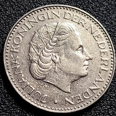 泉币菌-第90场-散币乐园场 1968年 荷兰王国早期1盾 朱莉安娜女王  镍币 硬币 25mm 