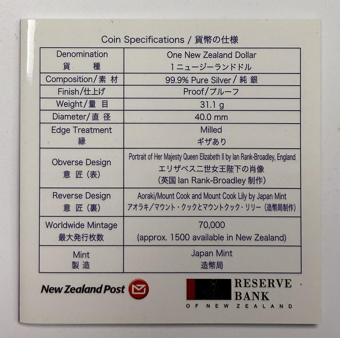 S&S Numismatic世界钱币-拍卖 第113期  新西兰2007年 库克山 1新西兰元彩色精制纪念银币 盒证齐全 31.1克999银
