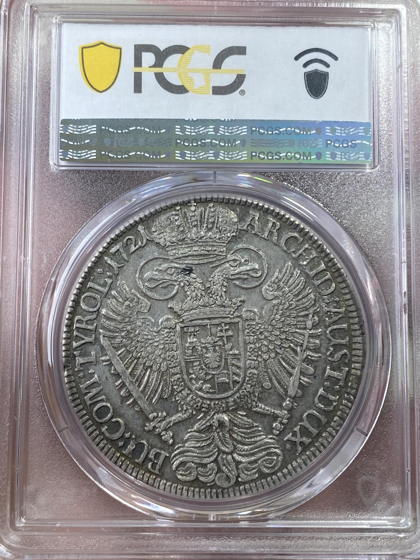 万国钱币拍卖第051期 PCGS AU55 1721年神圣罗马帝国查理七世双头鹰泰勒 原味欧陆包浆 全深打头发衣饰细节极佳 难得品相
