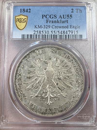 万国钱币拍卖第051期 - PCGS AU55 1842德国法兰克福自由市鹰徽流通2泰勒 原味淡彩 状态舒适