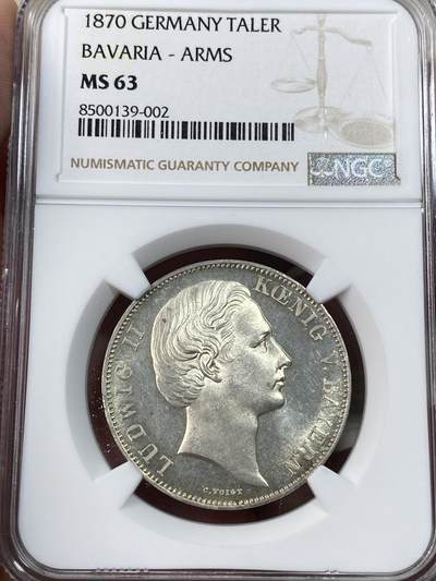 万国钱币拍卖第051期 - NGC MS63 1870年德国巴伐利亚路德维希二世双狮护盾流通1泰勒 原味银霜粉光淡包浆 路二流通币中难度较大品种