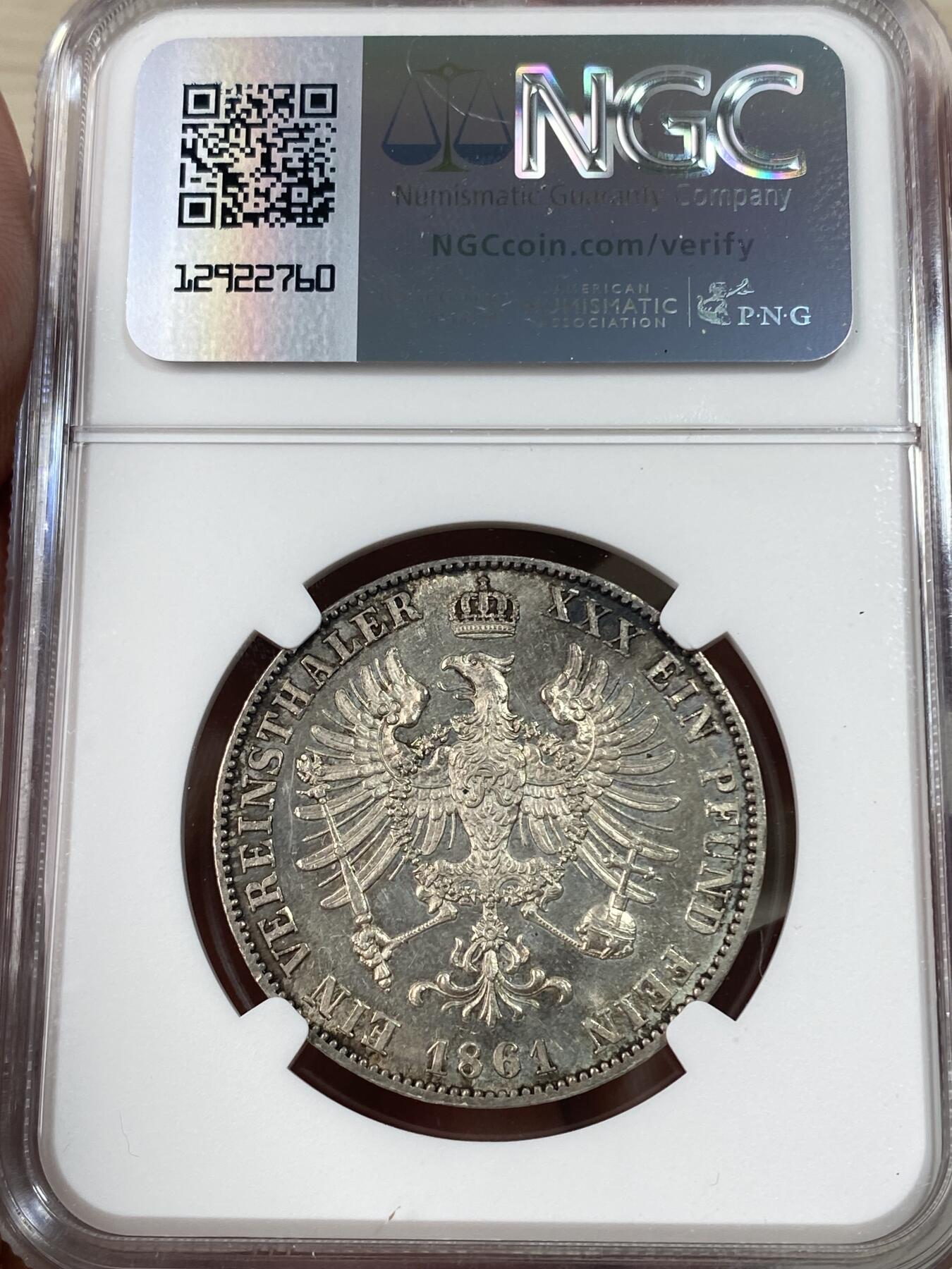 万国钱币拍卖第051期 NGC MS62 1861年德国普鲁士威廉四世离冠鹰1泰勒 少见威廉四世与威廉一世交接年份 发行量仅10000枚 极其锋利的打制与类镜面质感