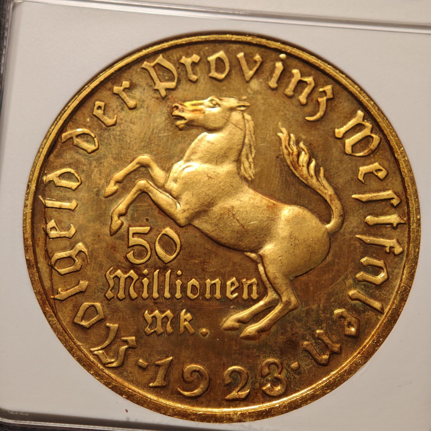 【德藏】世界币章拍卖第142期（拍品征集中~欢迎藏友联系） 1923年 德国德紧威斯特法伦5000万马克镀金大马币铝币 NGC MS64 金水十足
