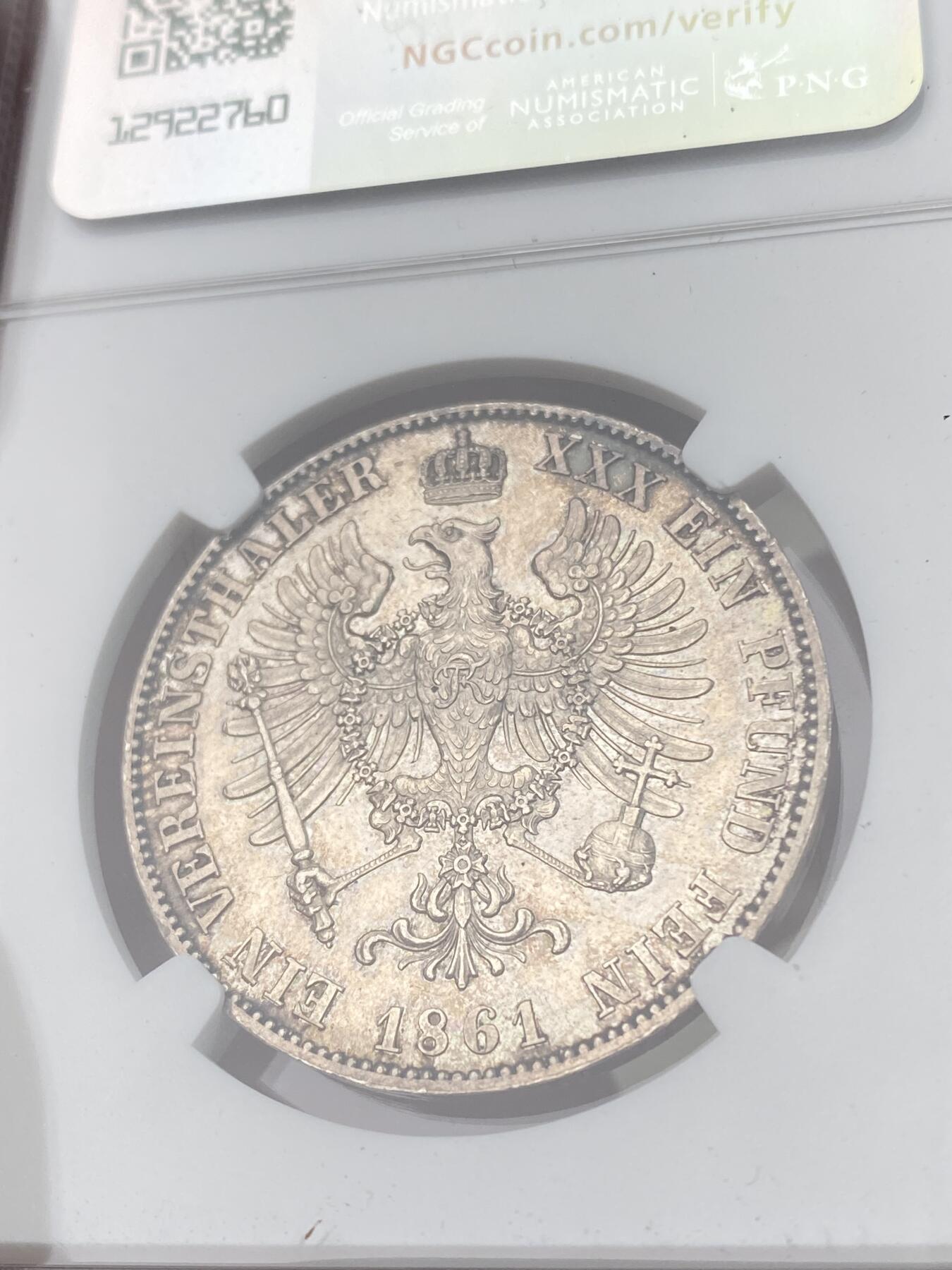 万国钱币拍卖第051期 NGC MS62 1861年德国普鲁士威廉四世离冠鹰1泰勒 少见威廉四世与威廉一世交接年份 发行量仅10000枚 极其锋利的打制与类镜面质感