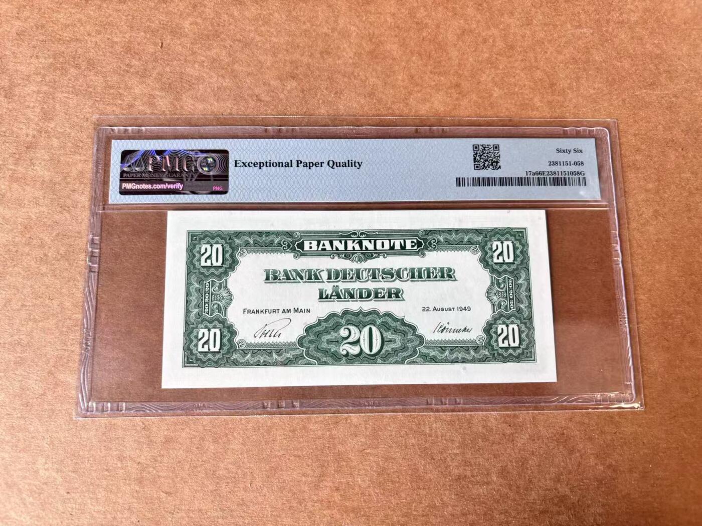 【Blue Auction】世界纸币精拍第711期——18级TOP拍卖/信誉/品质/专业/高效💫 【p17a】德国 1949年20马克 黑字版 PMG66EPQ 