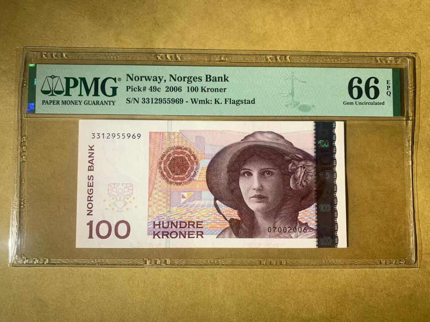 【礼羽收藏】🌏世界钱币拍卖第110期 【3312955969】全新UNC 2006年挪威100克朗纸币 无47号码