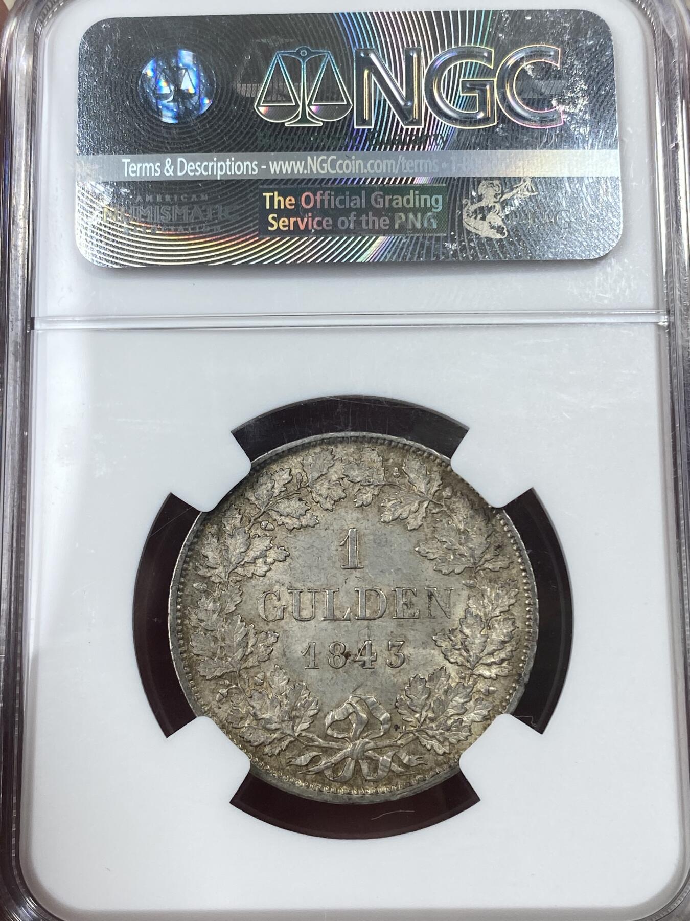 万国钱币拍卖第051期 NGC MS62 1843年德国符腾堡威廉一世1古尔登银币 原味淡彩状态