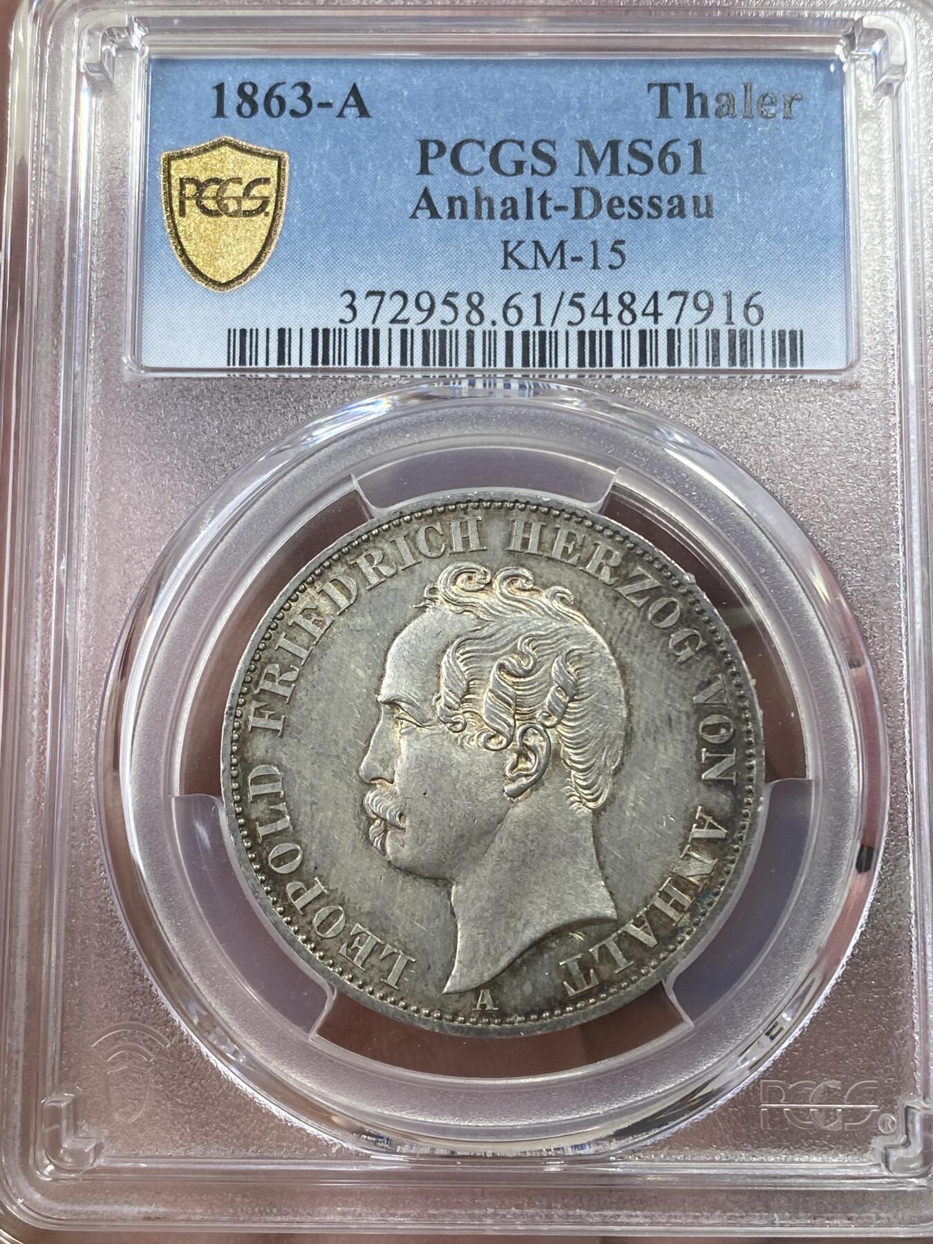 万国钱币拍卖第051期 PCGS MS61 1863年德国安哈特-德绍执政25周年盾徽1泰勒 经典小邦品种 原味淡彩