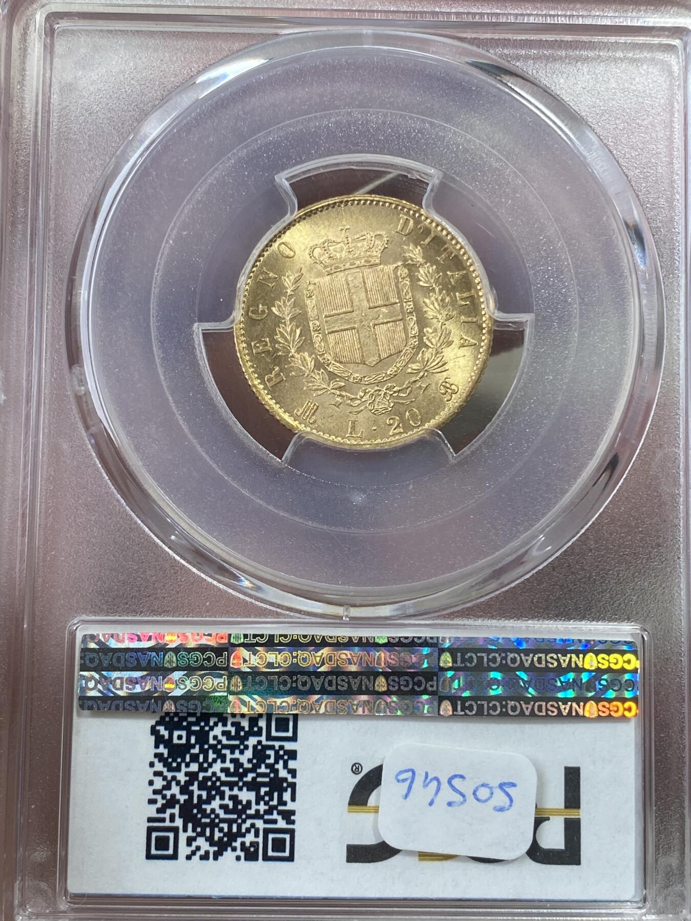 万国钱币拍卖第051期 PCGS MS65 1873意大利伊曼纽尔二世20里拉金币 丝绸黄金地板 顶级BU品质 6.45g 900金