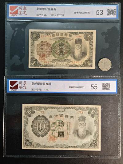【德藏】世界币章拍卖第142期（拍品征集中~欢迎藏友联系） - 3项一组 朝鲜银行券壹圆、拾圆 及 康德元年 伪满壹角镍币 直径约：23mm/壹角；重约：4.9g/壹角