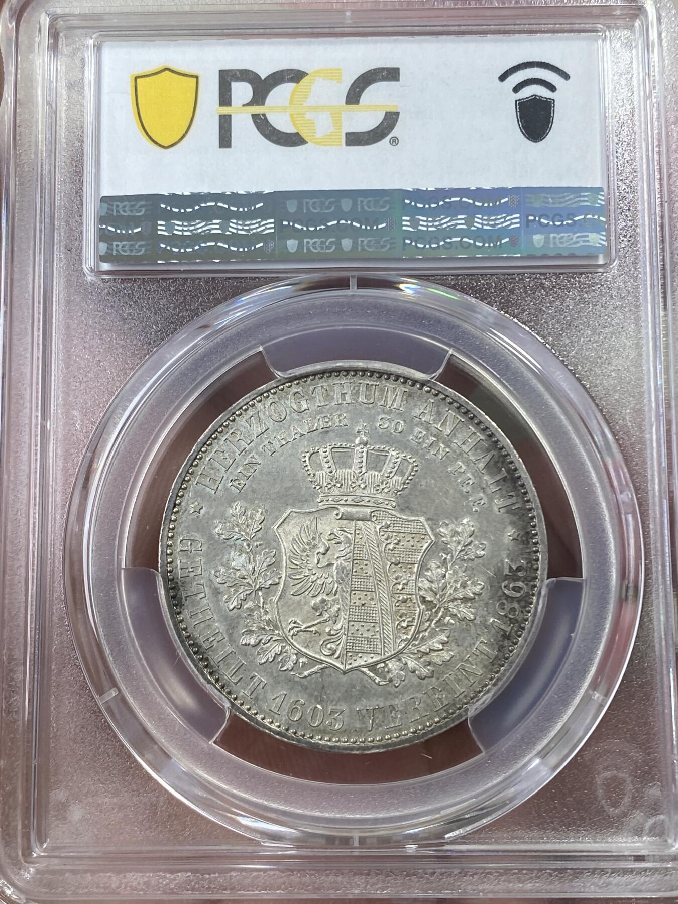 万国钱币拍卖第051期 PCGS MS61 1863年德国安哈特-德绍执政25周年盾徽1泰勒 经典小邦品种 原味淡彩