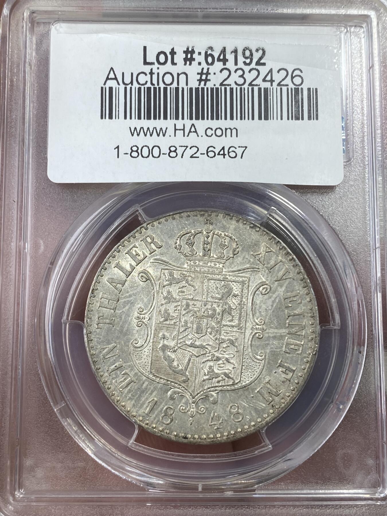 万国钱币拍卖第051期 PCGS AU55 1848汉诺威奥古斯特英式盾徽1泰勒 早期大规格协议泰勒 原味状态