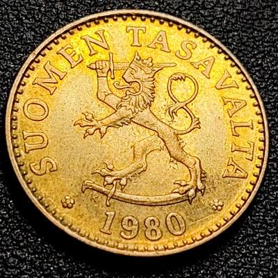 泉币菌-第90场-散币乐园场 原铜光极美品 1980年 芬兰50芬尼铜币 持剑狮子