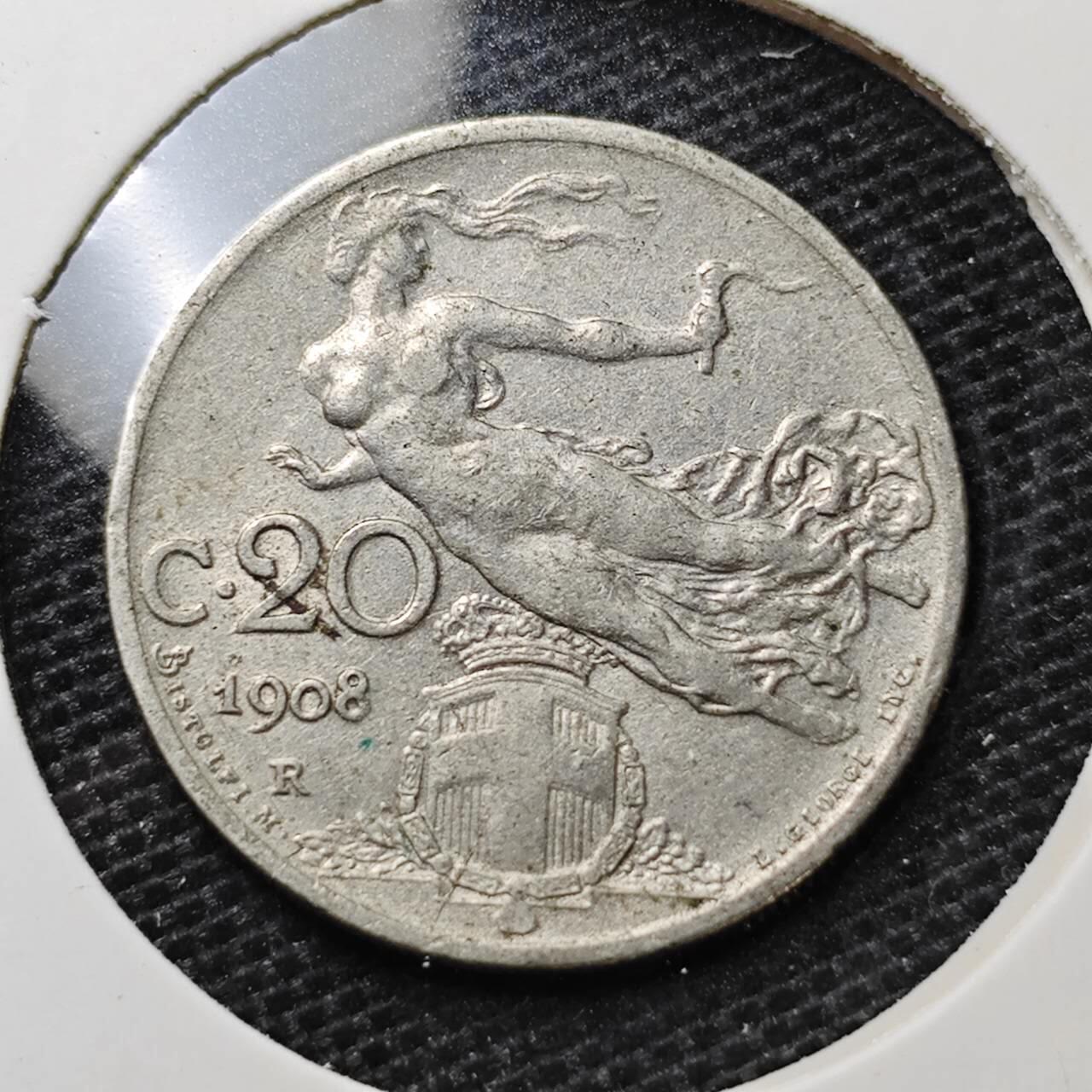 KK钱币收藏小铺 第325期 2月预留时间 周末发货  1908意大利20分 飞天女神