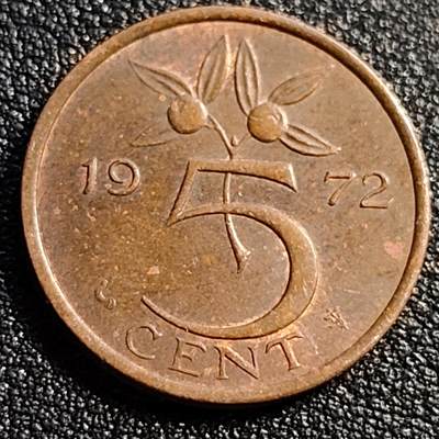 泉币菌-第88场-散币乐园场 - 美品 荷兰王国 1972年5分 橙子 朱丽安娜女王 公鸡&星星暗记 青铜币 21mm 