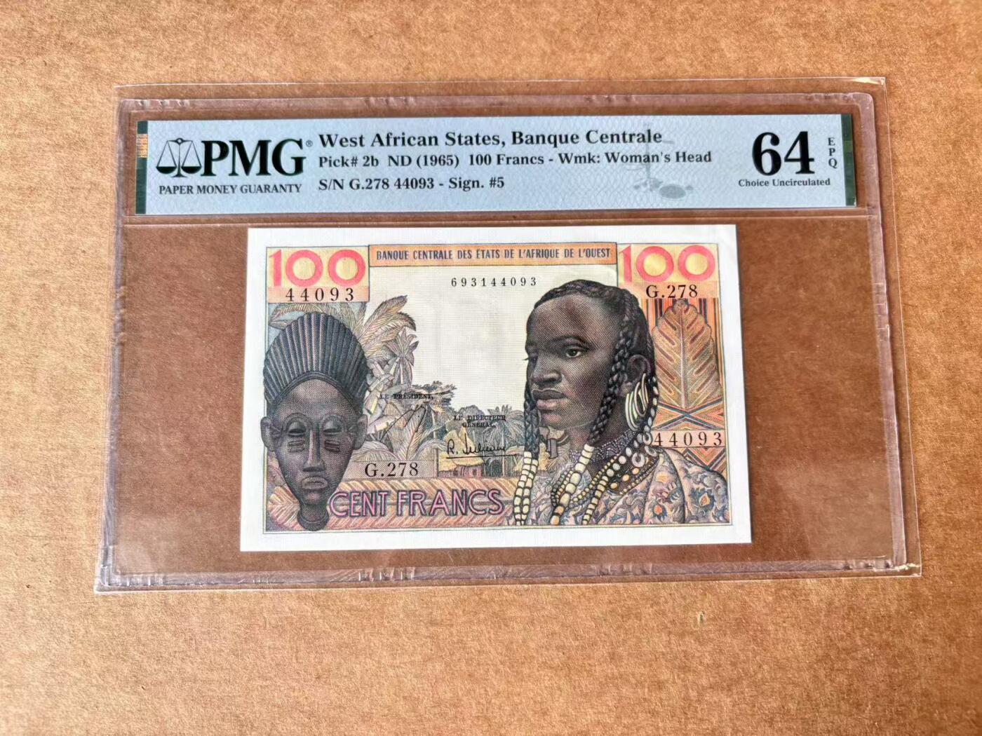 【Blue Auction】世界纸币精拍第711期——18级TOP拍卖/信誉/品质/专业/高效💫 法属西非 1965年100法郎 PMG64EPQ 