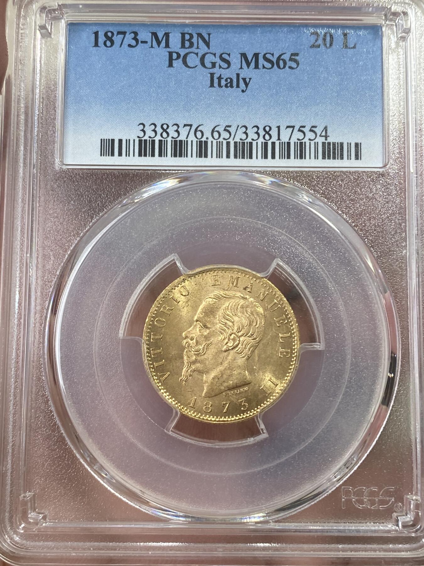 万国钱币拍卖第051期 PCGS MS65 1873意大利伊曼纽尔二世20里拉金币 丝绸黄金地板 顶级BU品质 6.45g 900金