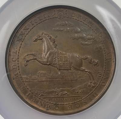 万国钱币拍卖第051期 - NGC MS63 1650年荷兰奥兰治亲王威廉二世逝世以及围困阿姆斯特丹结束纪念大铜章 72MM首见铜章孤品 其余面世品均为银质 铜制目前仅此一枚 1650年7月30日 威廉二世动用一万陆军兵临阿姆斯特丹城下 迫使荷兰省议会寡头暂时屈服他 正当其准备入侵西属尼德兰时感染天花逝世 八天后其遗腹子威廉三世诞生