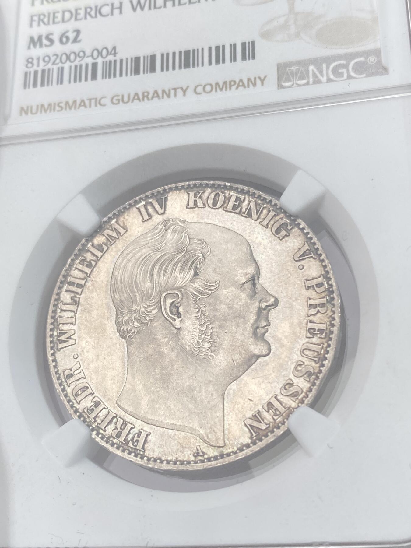 万国钱币拍卖第051期 NGC MS62 1861年德国普鲁士威廉四世离冠鹰1泰勒 少见威廉四世与威廉一世交接年份 发行量仅10000枚 极其锋利的打制与类镜面质感