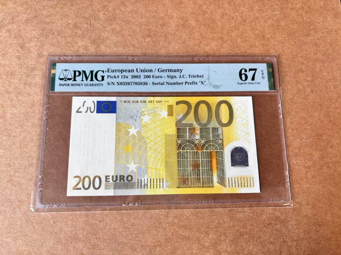 【Blue Auction】世界纸币精拍第711期——18级TOP拍卖/信誉/品质/专业/高效💫 【二签】欧盟 2002年200欧元  PMG67EPQ 高分